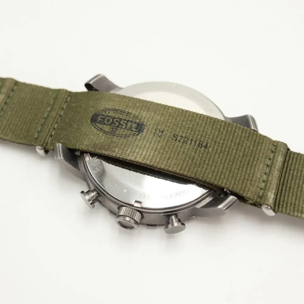 Fossil Nate Gunmetal Gray Men's 50mm Chronograph Watch Green Nylon w New Battery